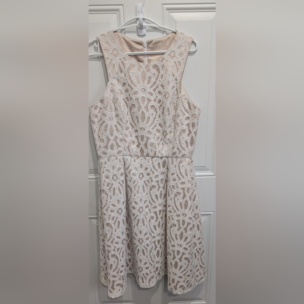 Dessy Collection Floral Lace Midi Dress in Palomino Ptp 19"